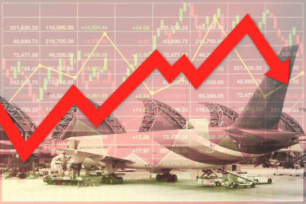 以新冠肺炎疫情为背景，航空运输业务和旅游行业股票金融投资数据呈图表下降趋势。图片下载