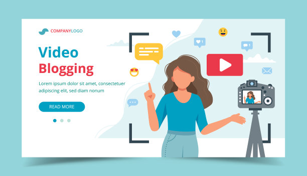 女视频博主用相机拍摄视频。不同的社交媒体图标。着陆页面模板，矢量插图在平面风格图片下载