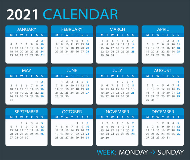 2021年日历-矢量模板图形插图-周一至周日素材图片