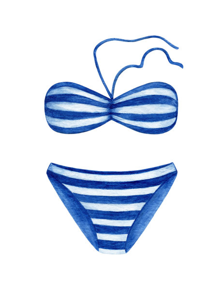 水彩蓝色条纹比基尼泳装。夏季海滩手绘设计元素孤立的白色背景图片下载
