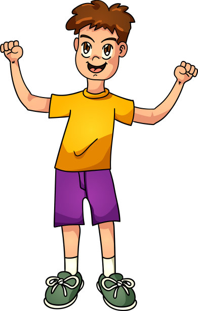 快乐男孩庆祝。穿着黄色衬衫和紫色短裤。图片下载