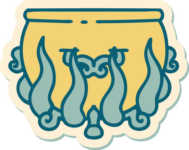 纹身风格的贴纸点燃的大锅图片下载