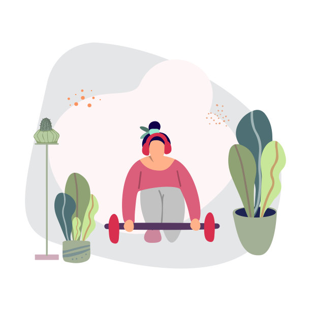 手绘矢量插图，家庭运动训练和家庭健身房的概念。运动和教练在线。运动马拉松在线训练。这女孩在家喜欢运动。图片下载