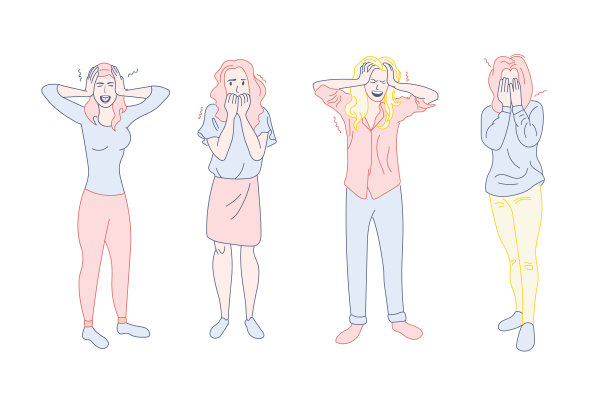 一套情感矢量插图。女人正在经历恐惧，恐惧，沮丧，悲伤，压力。线条样式图片下载