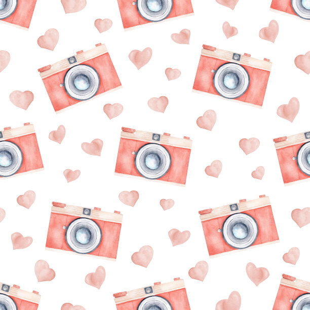 水彩蜡笔红色复古相机和心形剪贴画。无缝模式的背景。图片下载