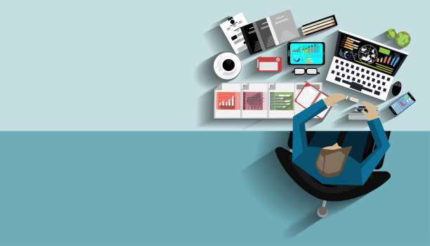 商人的工作场所与技术和配件使用在工作办公室顶视图现代概念矢量插图业务。图片下载