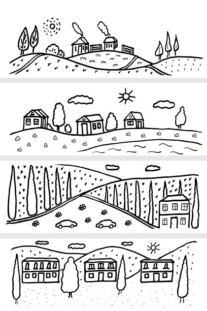 景观自然，城市，大海，海滩，起伏的丘陵。一套矢量插图涂鸦黑色和白色手绘水平图片下载