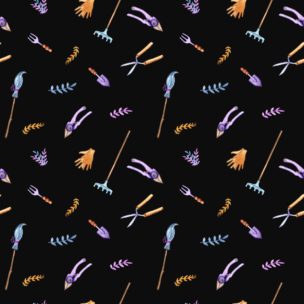 花园工具和植物叶子的无缝图案在黑暗的背景上。手工水彩。花园剪刀，扫帚，簸箕，手套。图片下载