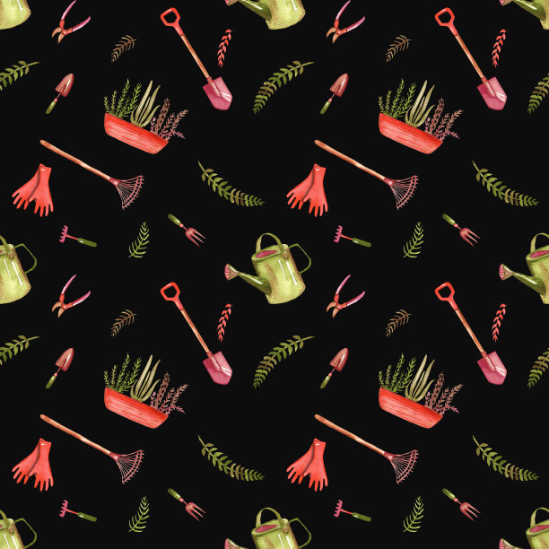 无缝模式的园艺工具和植物盆栽在一个黑色的背景。手工水彩。图片下载