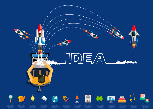 商人在笔记本电脑上工作-创意火箭的想法2020年新年业务-现代的想法和概念插图平面矢量。图片下载