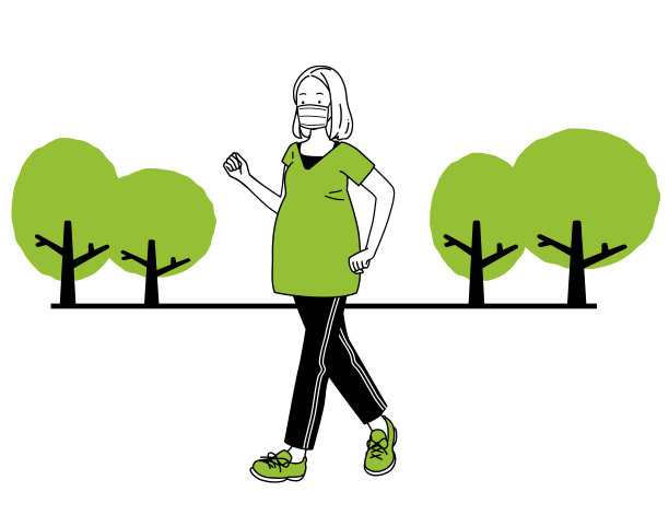 一个戴着面具的孕妇正在走路。图片下载