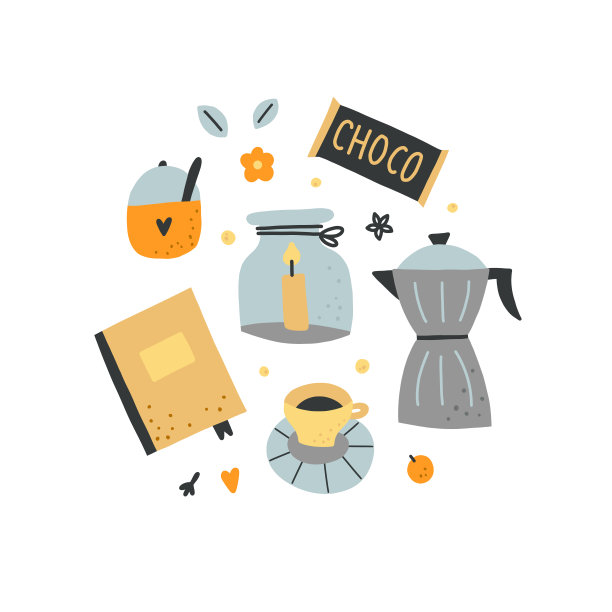 食物和饮料矢量clipart。舒适的家庭生活方式的对象孤立在白色的背景。Hygge插图，咖啡，书籍和蜡烛图片下载