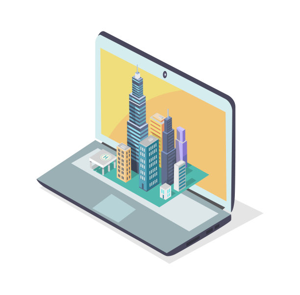 现代城市模型位于笔记本电脑，彩色海报图片下载