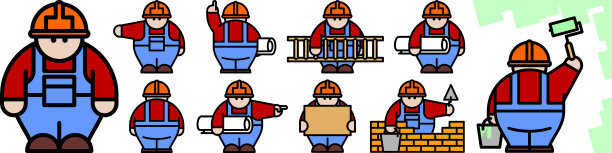 建筑工人头戴安全帽，身穿红色衬衫和蓝色工作服图片下载