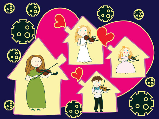 Covid 19日冠状病毒。一位小提琴老师为他的学生开设了在线课程。呆在家里。遥远的教育。矢量图图片下载