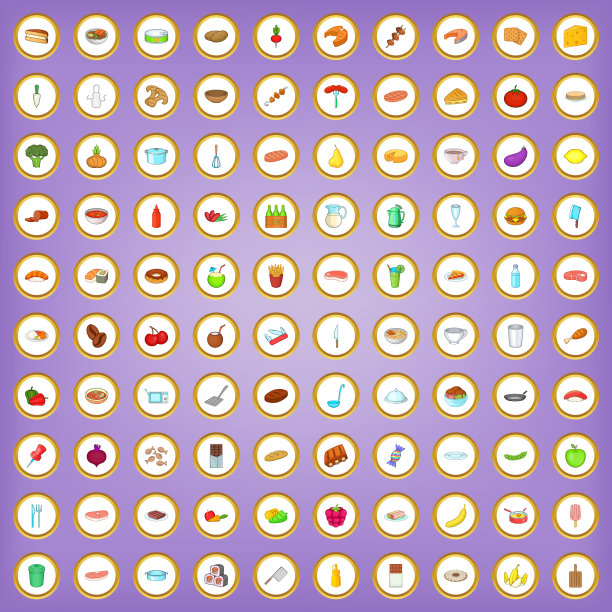 100食物和厨房图标设置在卡通风格图片下载