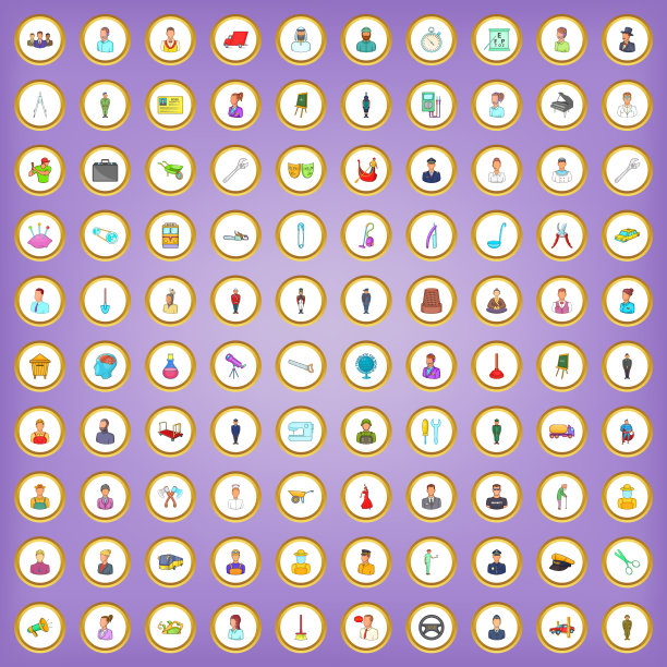 100个工作图标设置在卡通风格图片下载