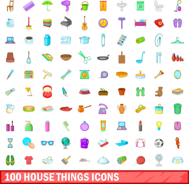 100个房子的东西图标设置卡通风格图片下载