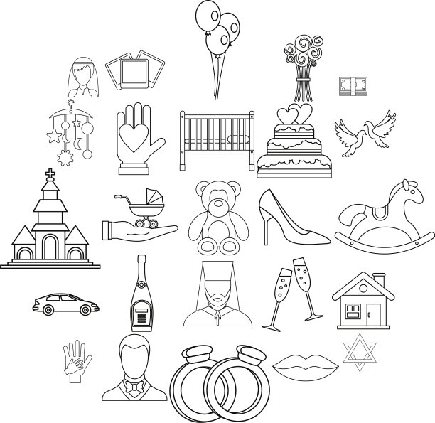 婚礼图标设置轮廓风格图片下载