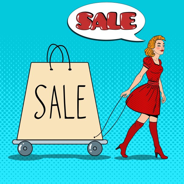 流行艺术女子与巨大的购物袋出售图片下载