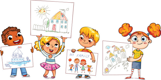 可爱的孩子们展示他们画的画图片下载