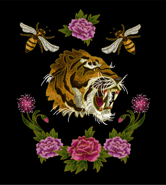 虎蜂和牡丹花刺绣图片下载