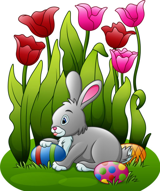 带着彩蛋的复活节兔子在花园里图片下载