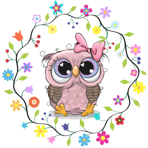 可爱的猫头鹰在花框架图片下载