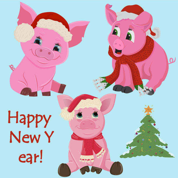 三只粉红色的小猪戴着圣诞老人的帽子和一只图片下载