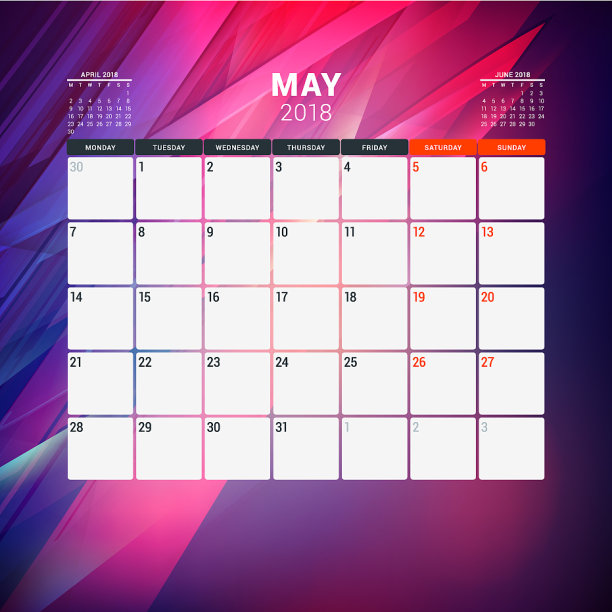 2018年5月日历规划师设计模板与图片下载
