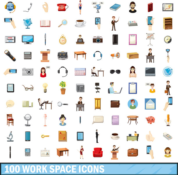 100个工作空间图标设置卡通风格图片下载
