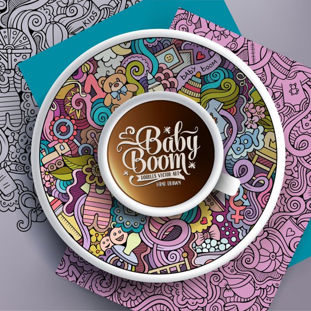 一杯咖啡，碟子上有宝宝的涂鸦图片下载