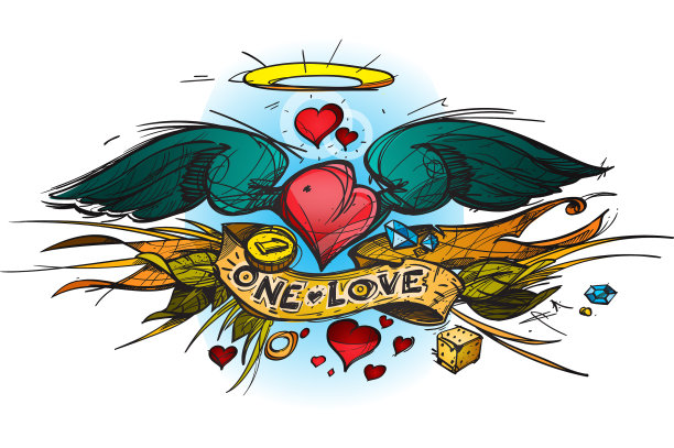 一颗手拿翅膀的心的彩色轮廓图片下载