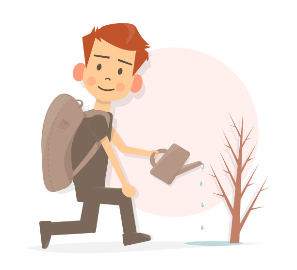 卡通有趣的小男孩正在浇树图片下载