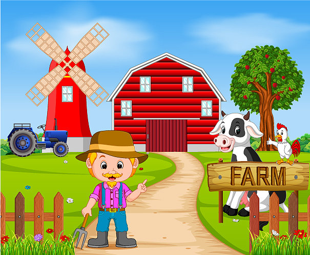 有许多动物和农民的农场场景图片下载