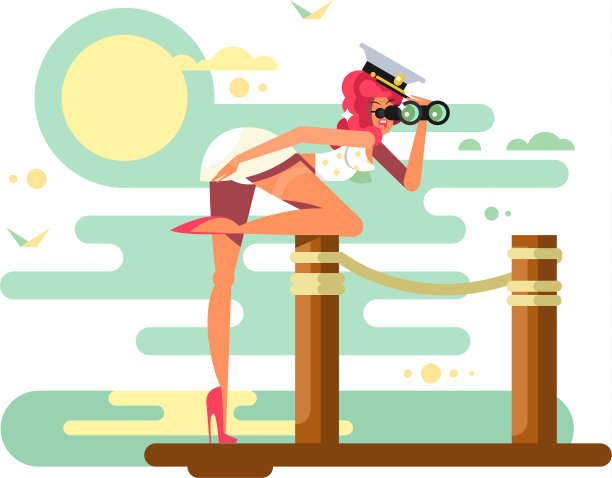 可爱的女孩看起来双筒望远镜在木基座上图片下载