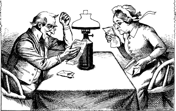 男人和女人坐在古董桌上看书图片下载