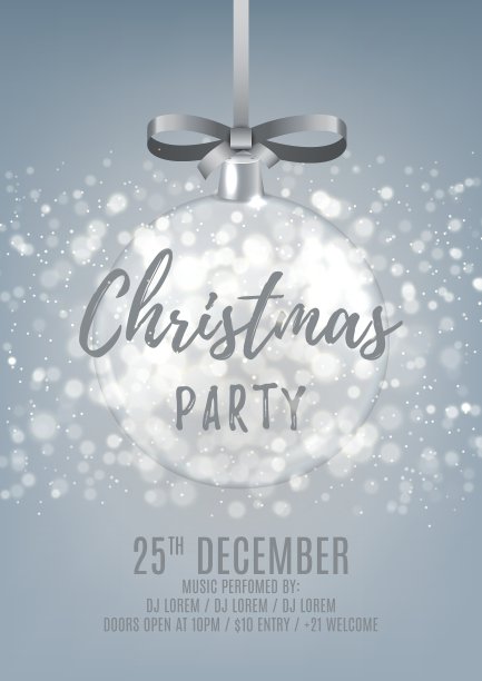 银色圣诞派对传单和玻璃球图片下载