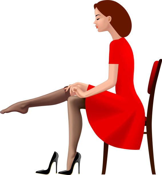 穿红色复古连衣裙的女人穿上长筒袜图片下载