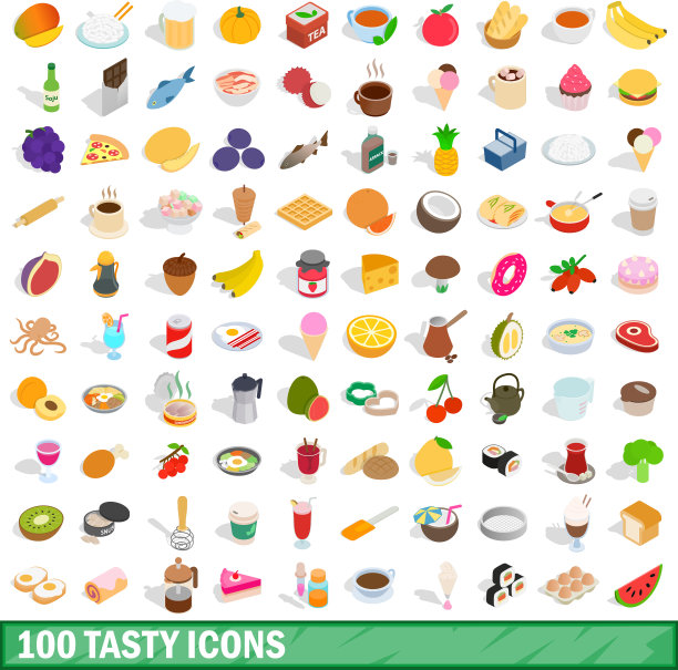 100美味的图标设置等距3d风格图片下载