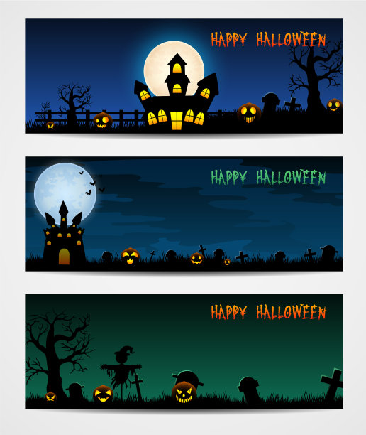 三个印有城堡和稻草人的万圣节横幅图片下载