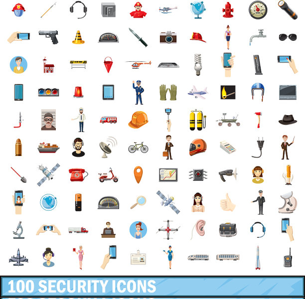 100个安全图标设置卡通风格图片下载