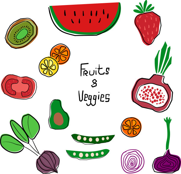 色彩鲜艳的卡通水果和蔬菜集手图片下载