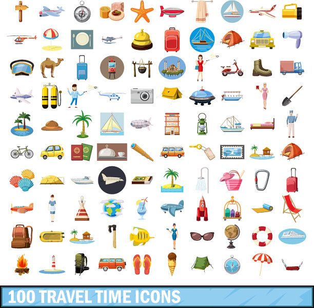 100旅行时间图标设置卡通风格图片下载