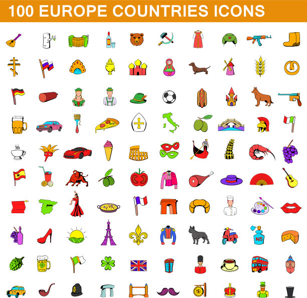 100个欧洲国家的图标设置卡通风格图片下载