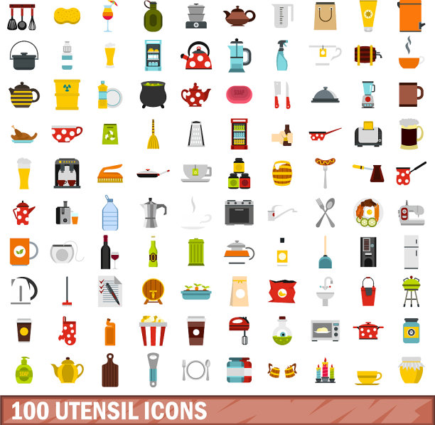 100个器皿图标设置扁平风格图片下载