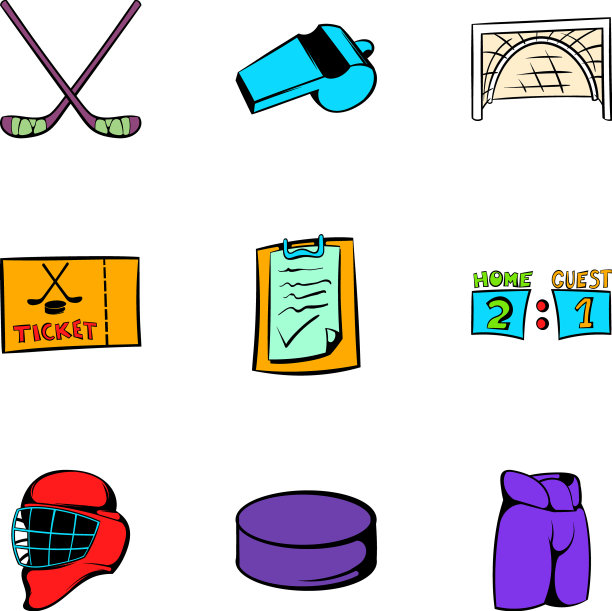 曲棍球运动图标设置卡通风格图片下载