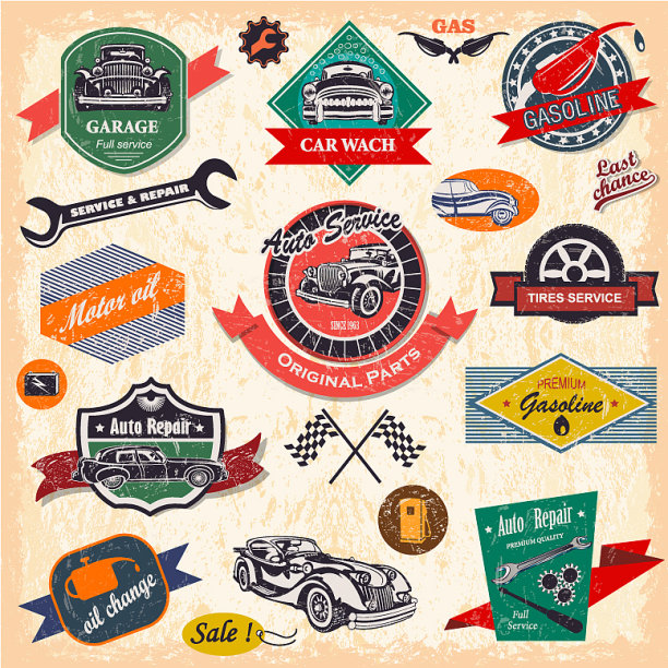 一套复古的汽车标签图片下载