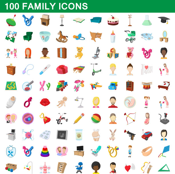 100个家庭图标设置卡通风格图片下载