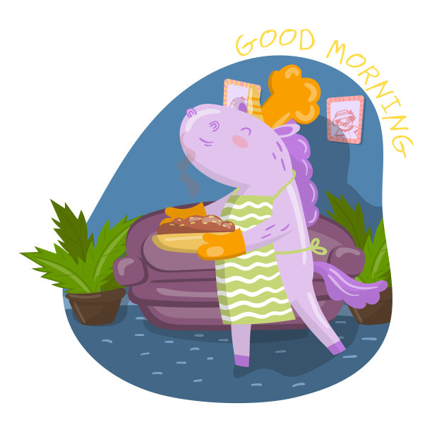 可爱的独角兽厨师人物抱着刚烤好的图片下载